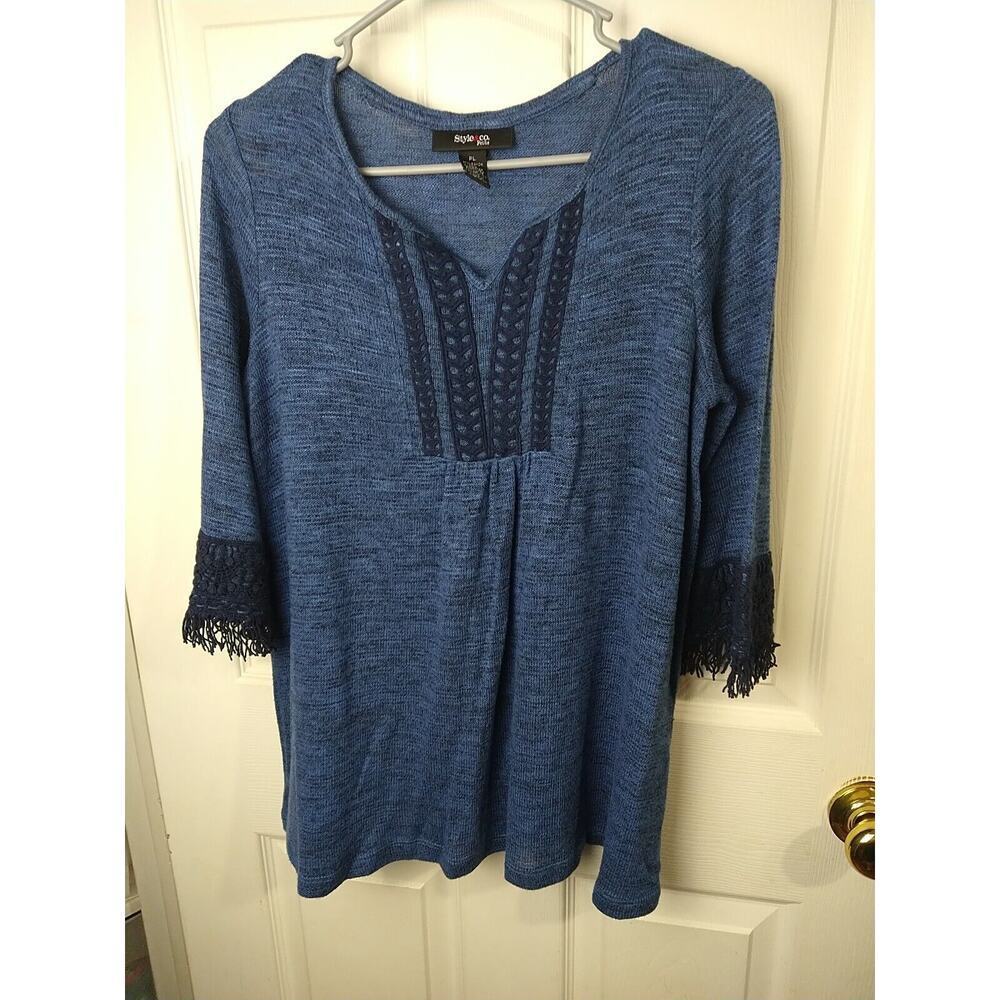 Style & Co Woman PL Blue V Neck Pullover 3/4 Fringe Sleeve Pullover Sweater